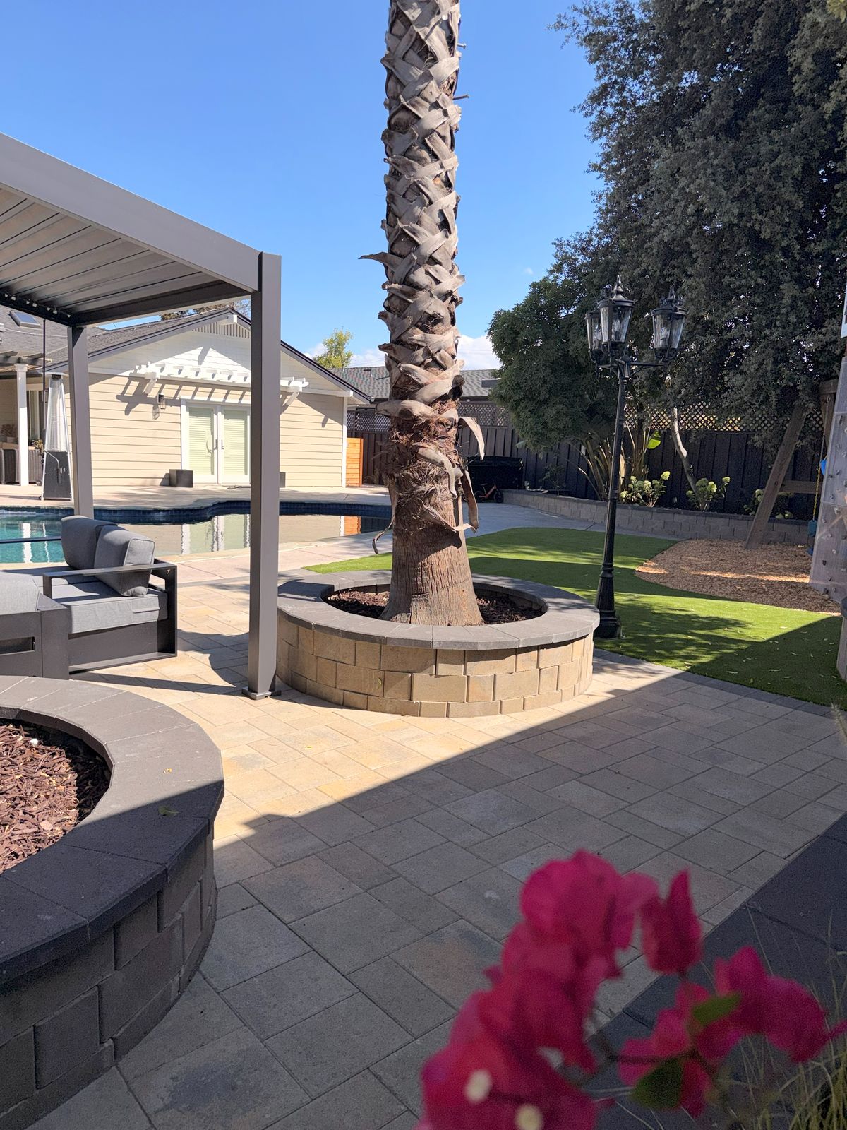 Paver patio with a palm tree in a stone planter wall, a pergola and the pool in the background