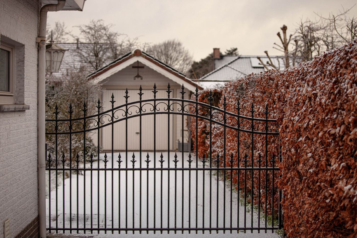 Black metal fence and arched driveway gate beside a tall hedge